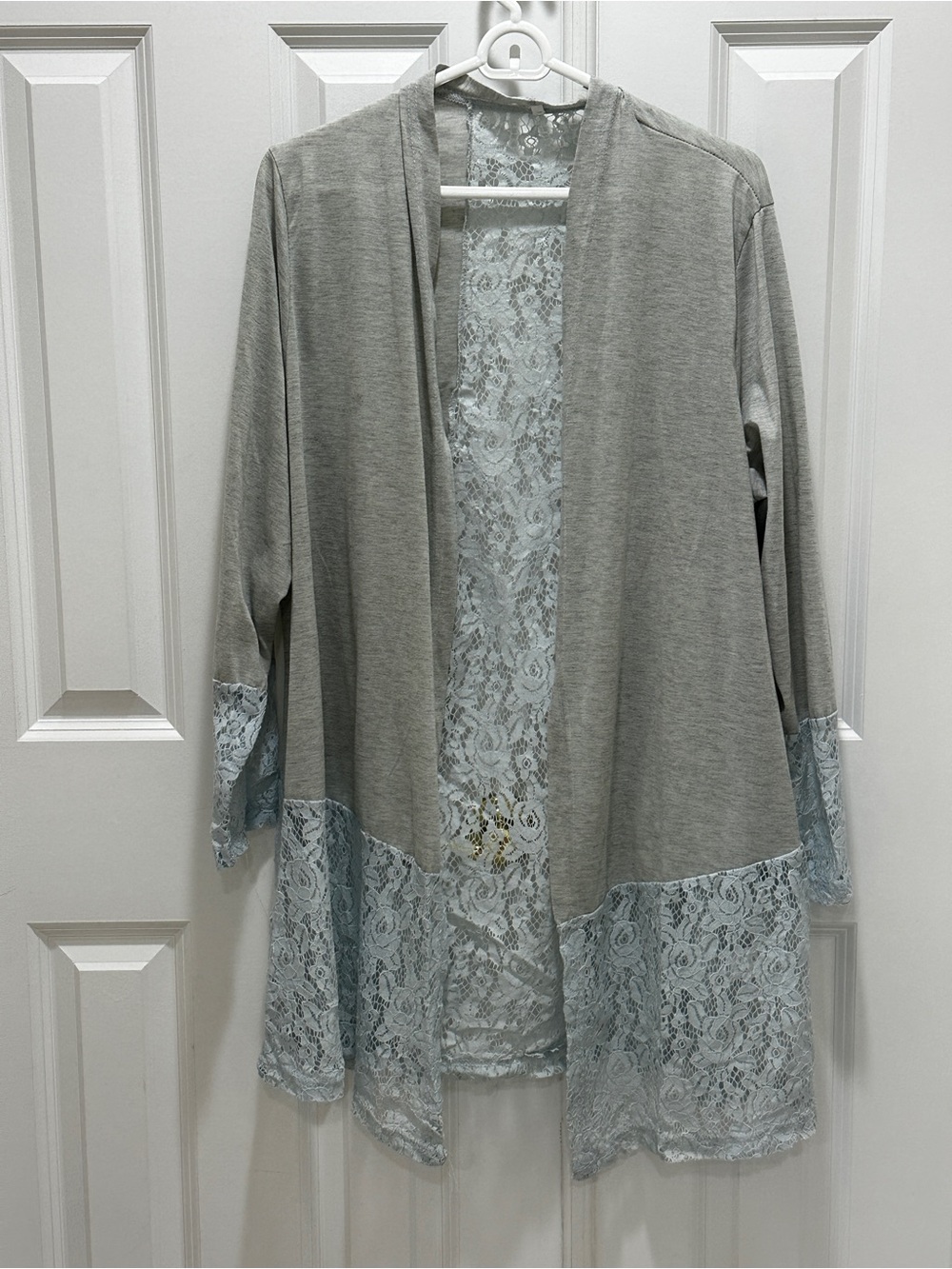 Light Gray Lace-Trim Open Front Tunic Cardigan